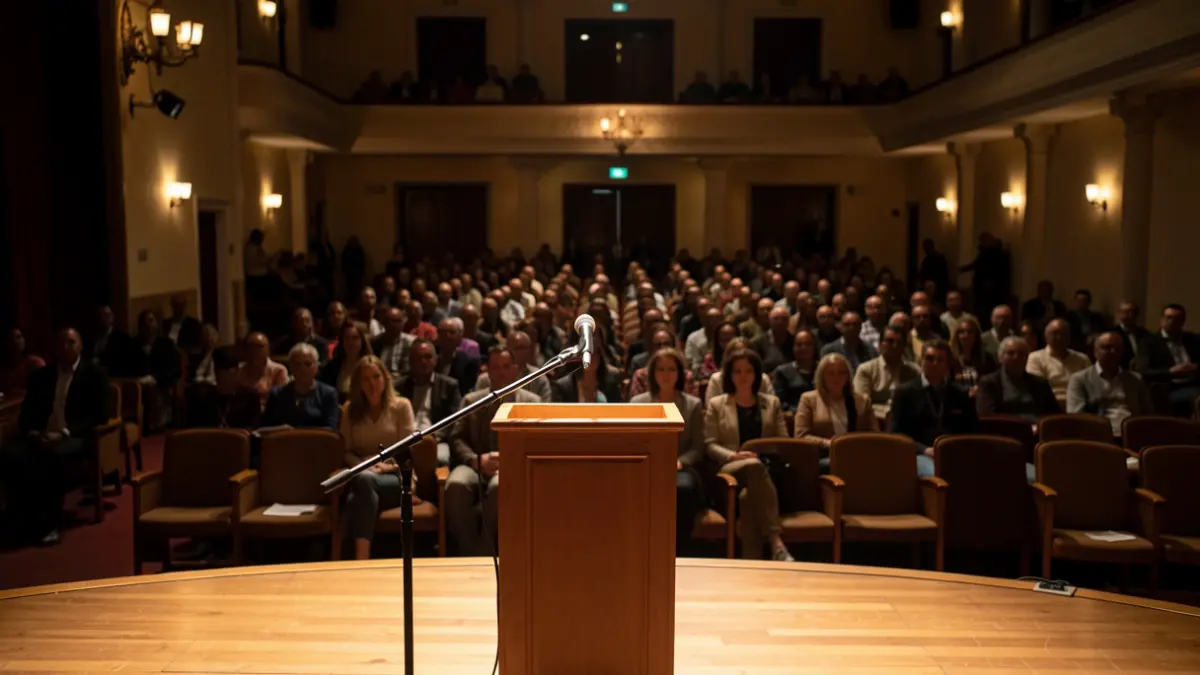 Imagen genérica de un escenario de auditorio con un micrófono y sillas vacías.