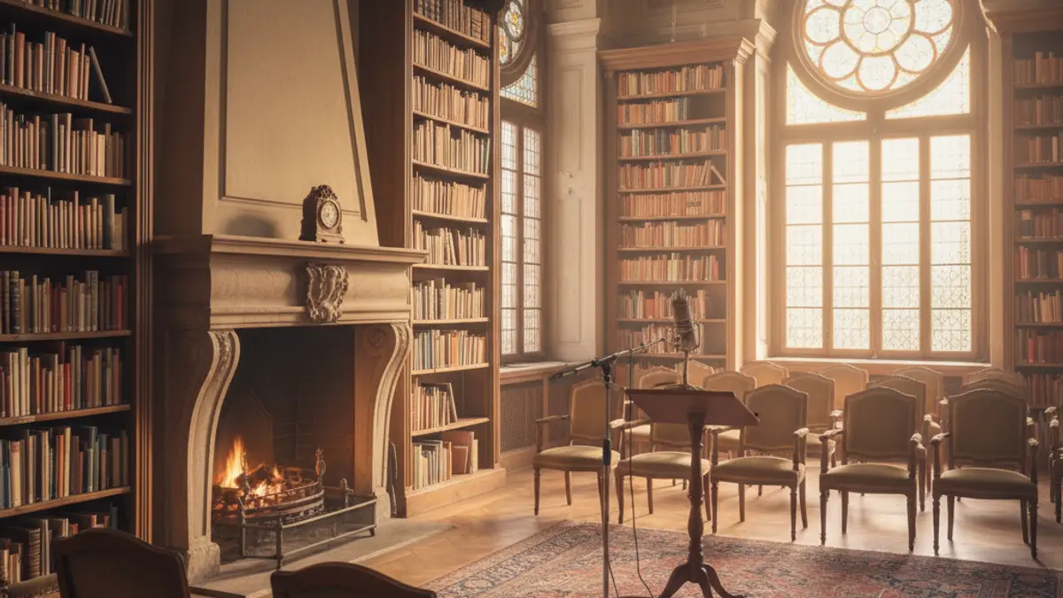 Generic image of a library with a podium and chairs, warmly lit.