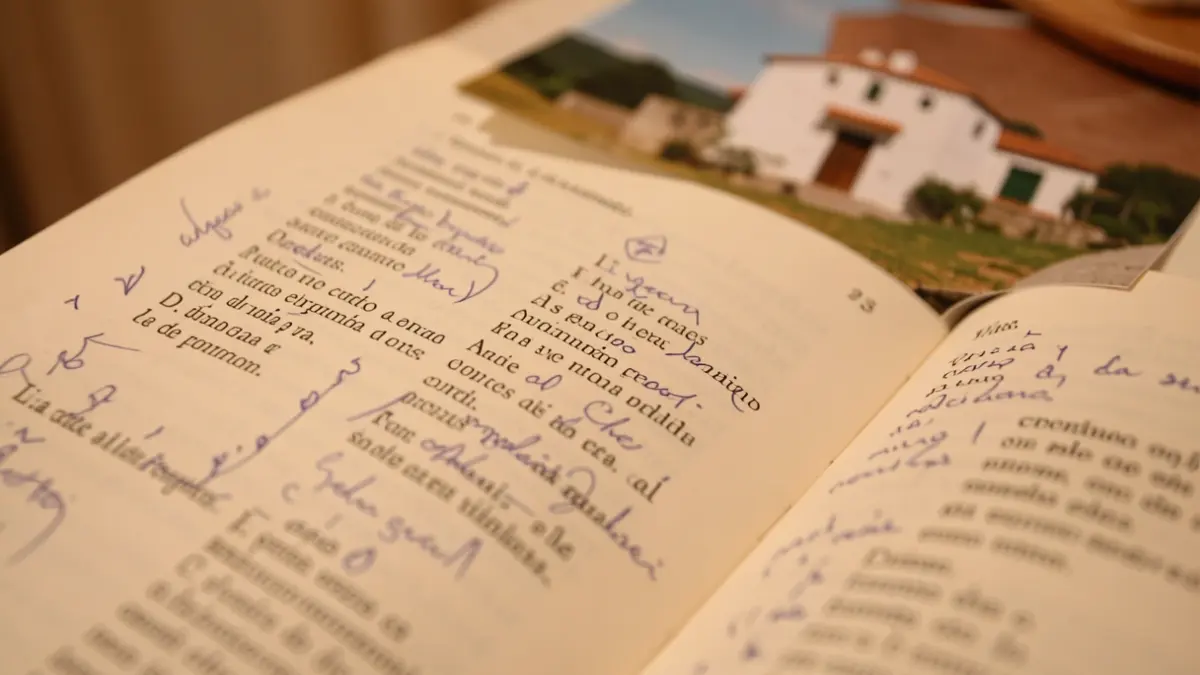Close-up of an open book with Spanish poetry, pages showing handwritten notes and a blurred image of a white village in the background.
