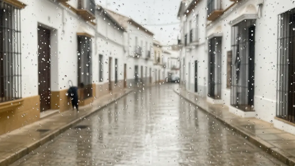 Imagen de una calle de Arcos de la Frontera en un día nublado y lluvioso.