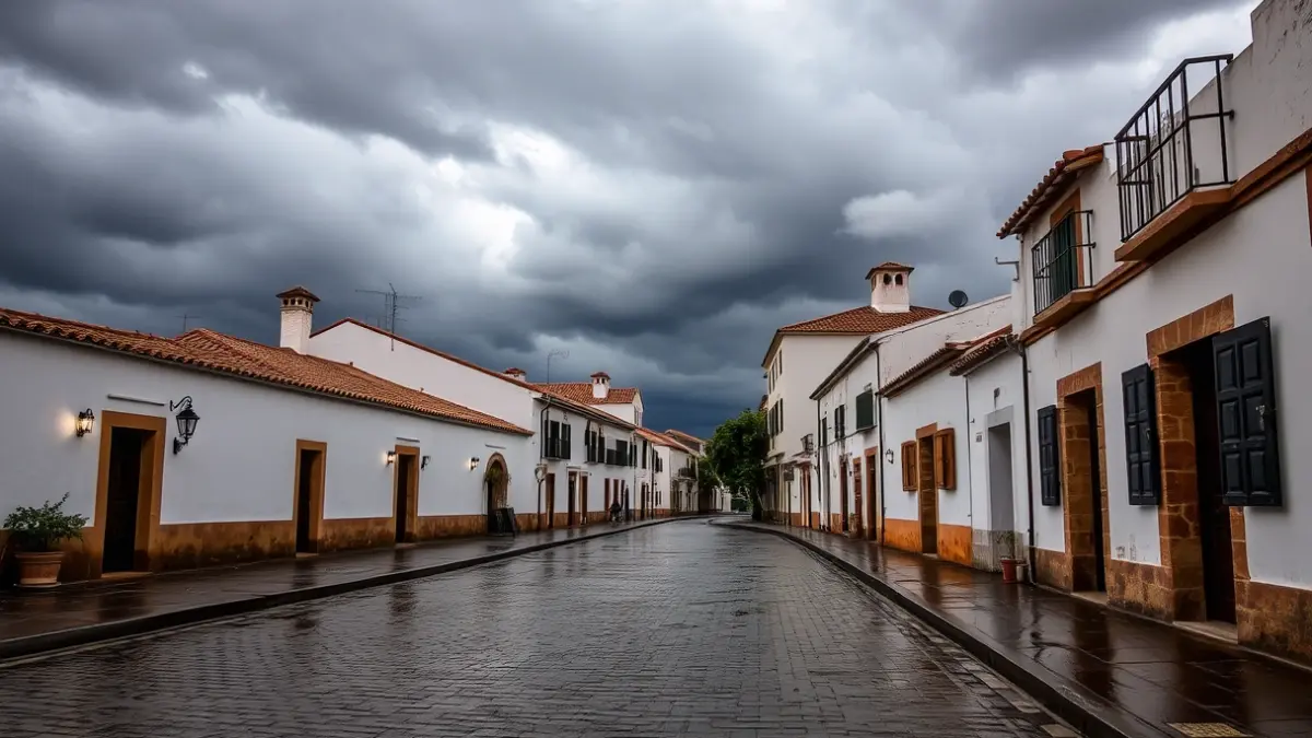 Image of a street in Ubrique under a cloudy sky with imminent rain.