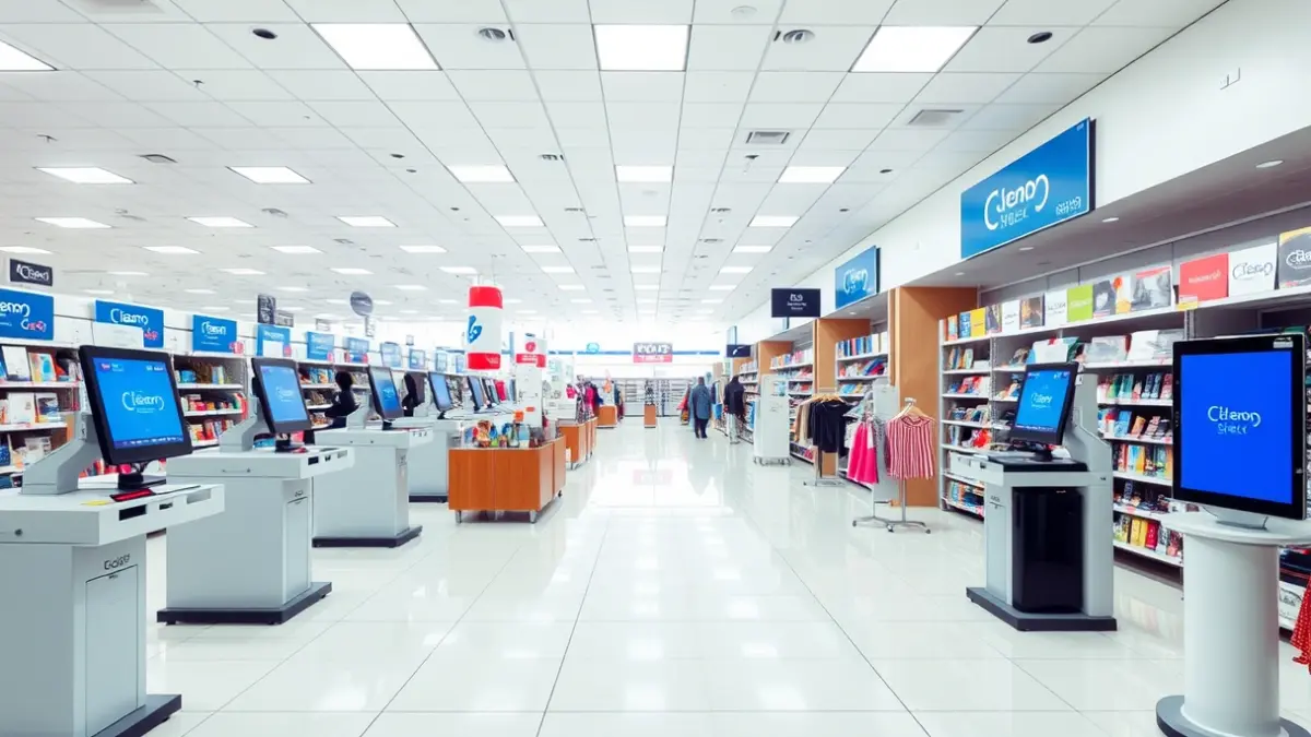 Generic image of a modern store interior with self-checkout kiosks.