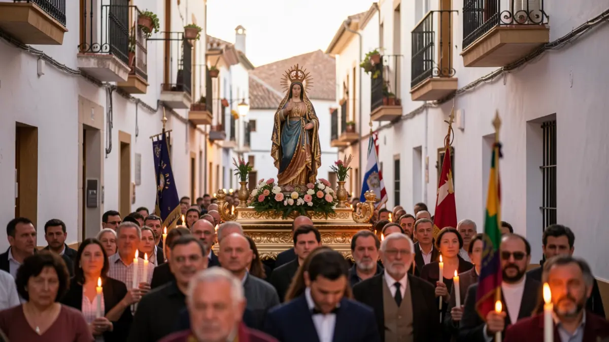 Image of a religious procession in Córdoba featuring the statue of María Auxiliadora.