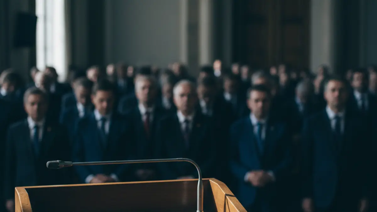 Generic image of a microphone on a podium during a political meeting.