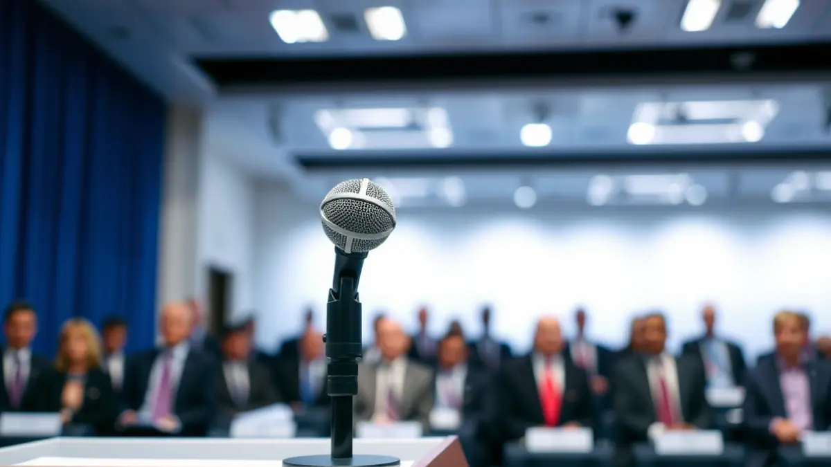 Generic image of a microphone on a podium during a political event.