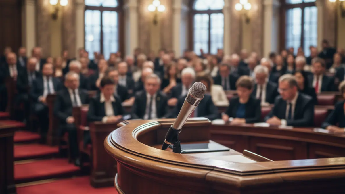 Imagen genérica de un micrófono en un atril durante un debate político.
