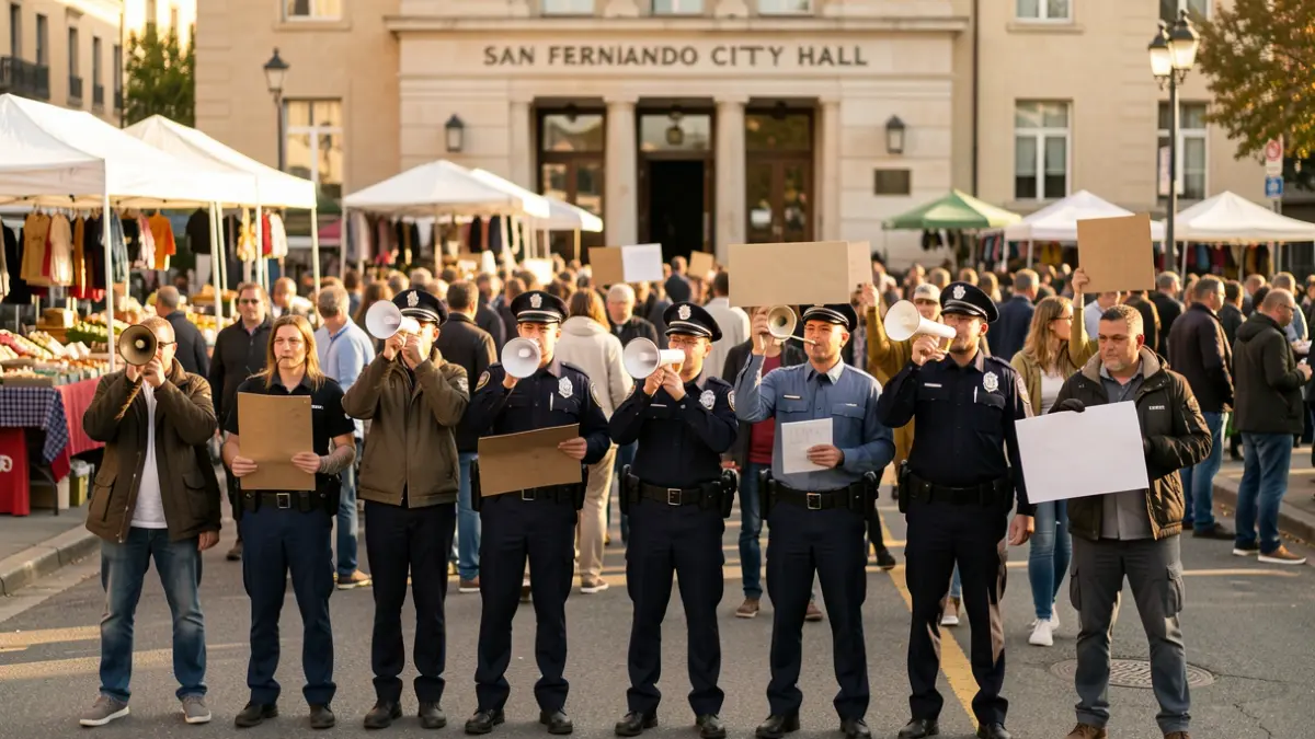 Imagen genérica de manifestantes municipales y policías frente al Ayuntamiento de San Fernando.