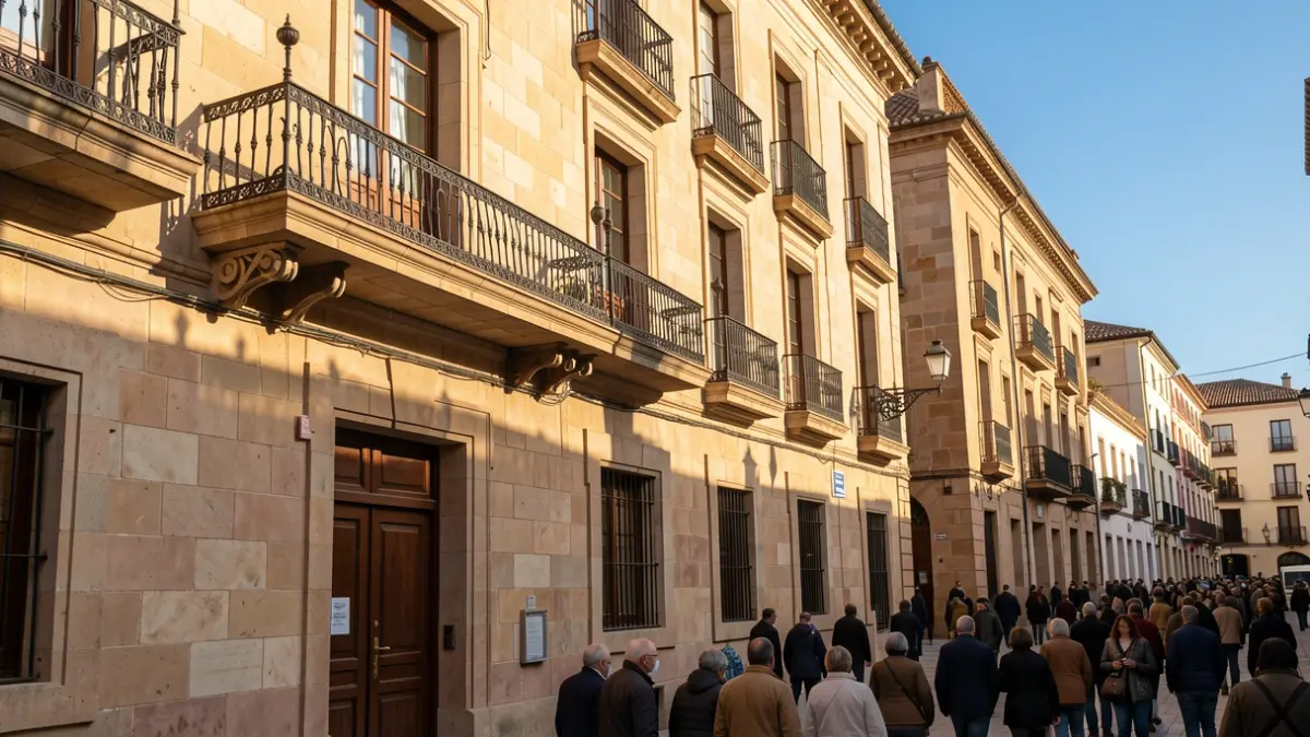 Fachada de piedra de un ayuntamiento andaluz con balcón ornamentado y barandillas de hierro, luz cálida de la tarde proyectando sombras sobre las paredes de arenisca, cielo azul.