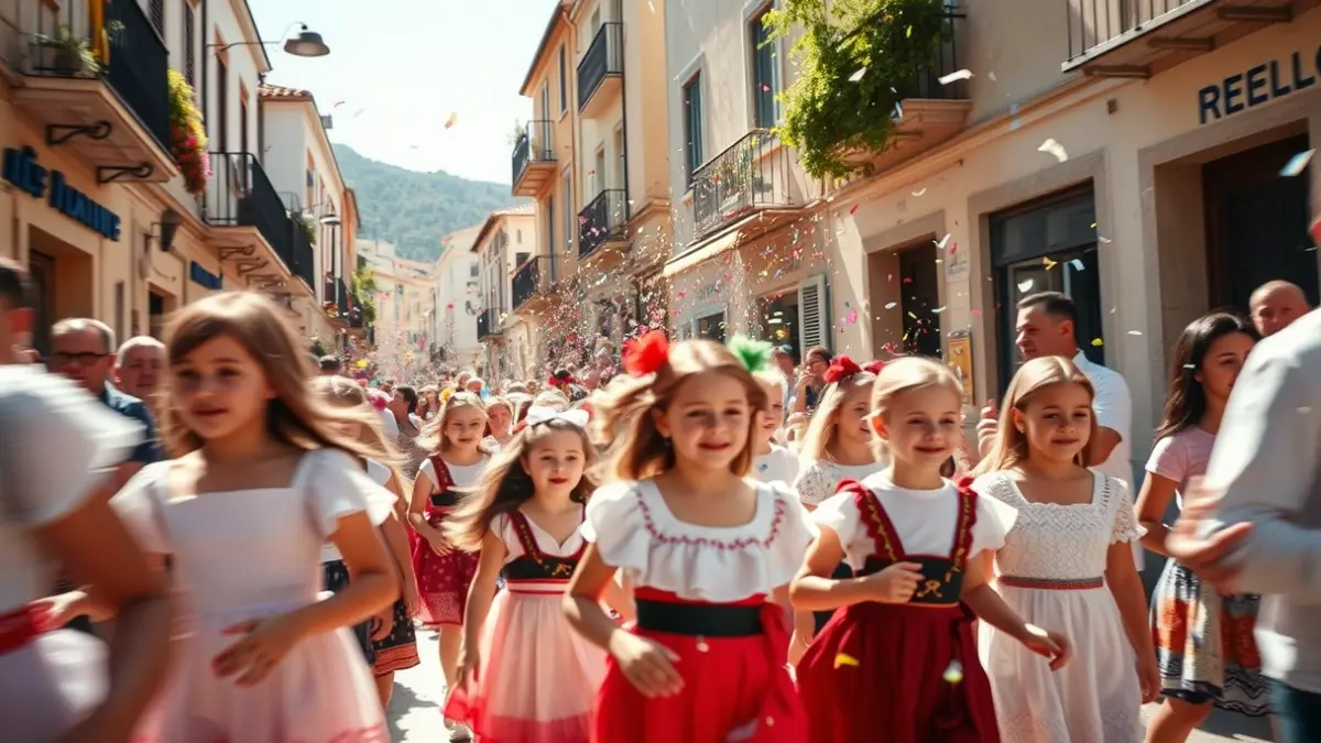 Imagen de niños participando en una procesión festiva en una calle de un pueblo andaluz.