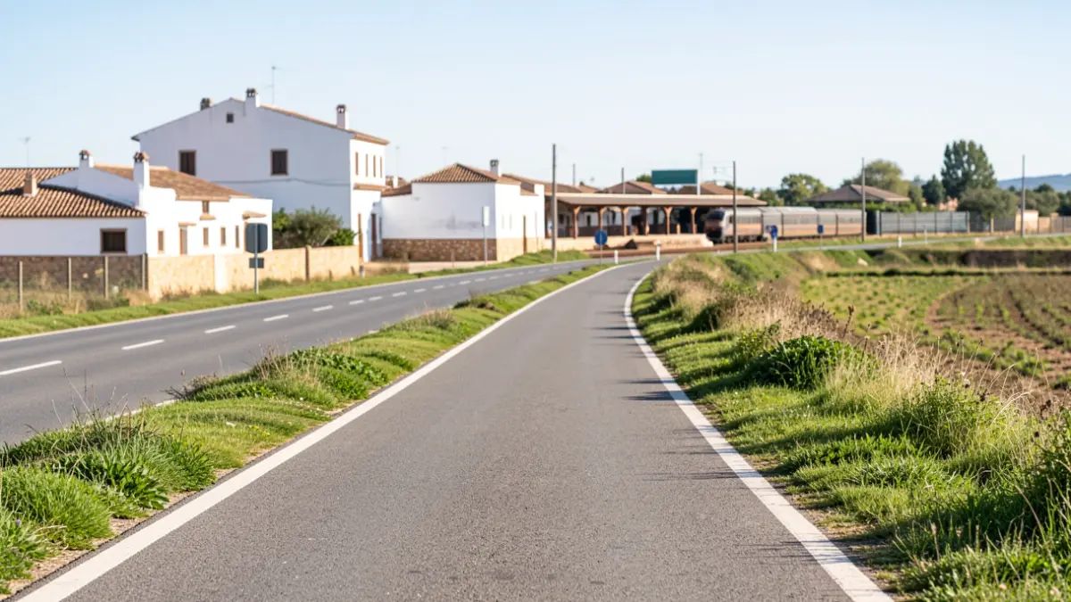 Imagen de un trazado de sendero ciclista en Puente Genil, Andalucía, con arquitectura blanca y paisaje rural.
