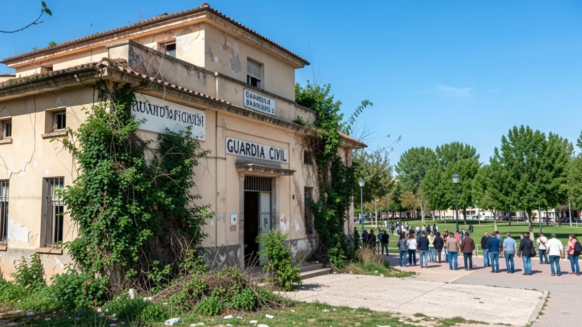 Image of the former Guardia Civil barracks in Puente Genil, showing signs of abandonment and the nearby park.