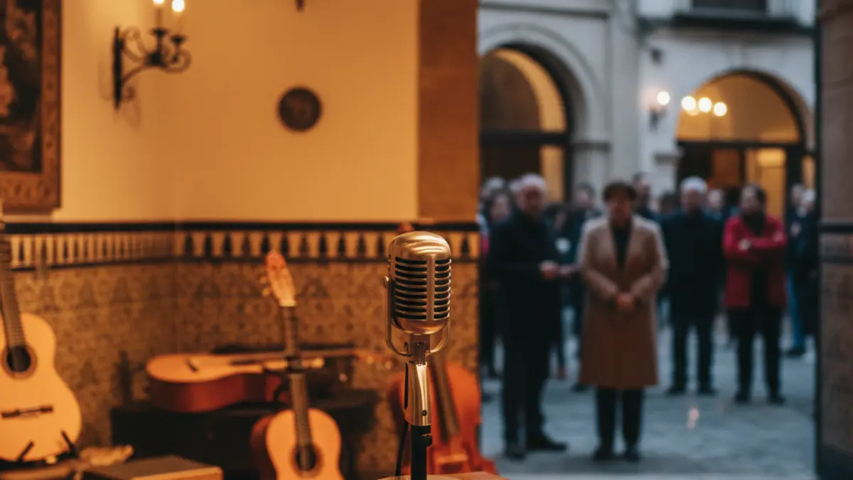 Generic image of a microphone on a stage, evoking a cultural or flamenco event.