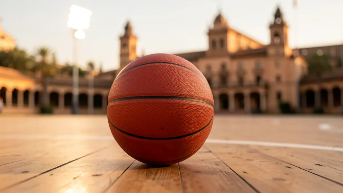 Imagen genérica de una cancha de baloncesto con luces de estadio y arquitectura andaluza.