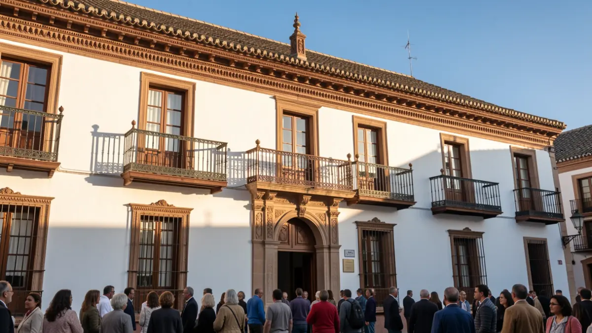 Fachada de un ayuntamiento andaluz con balcones ornamentados y paredes blancas bajo el sol de la tarde.
