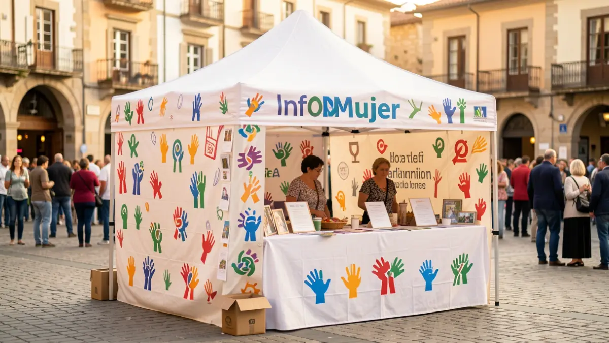 Punto informativo InfoMujer instalado en una plaza durante una romería.