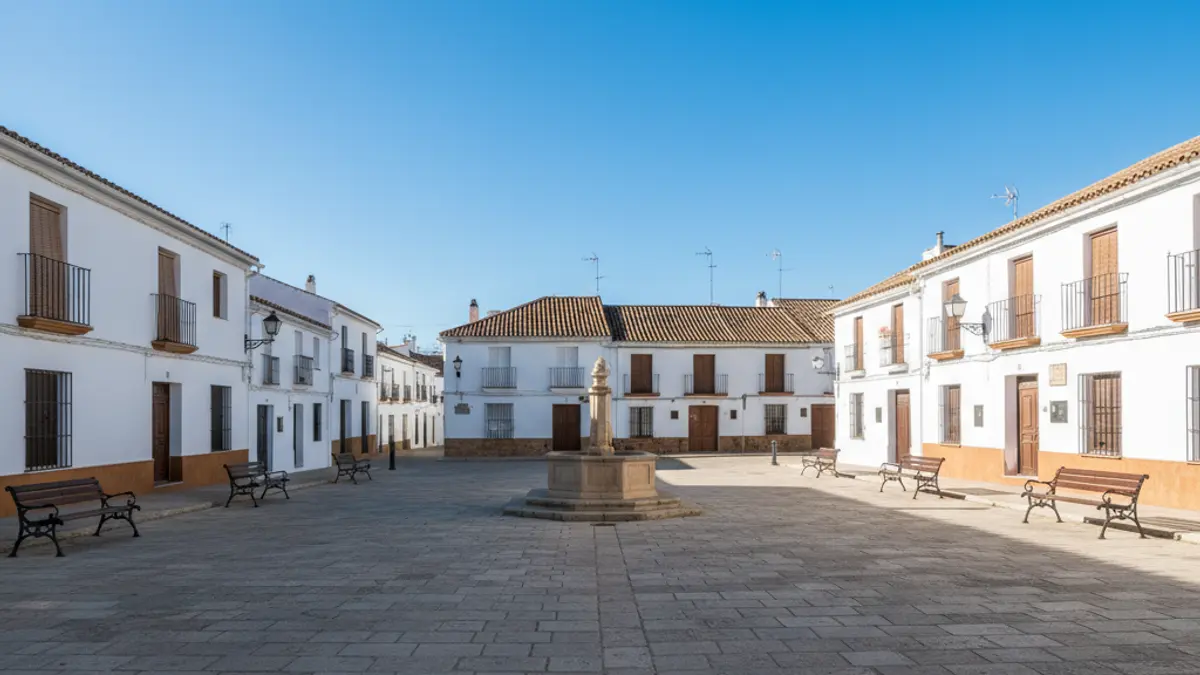 Image of an Andalusian village square, with white buildings and empty benches, under a blue sky.