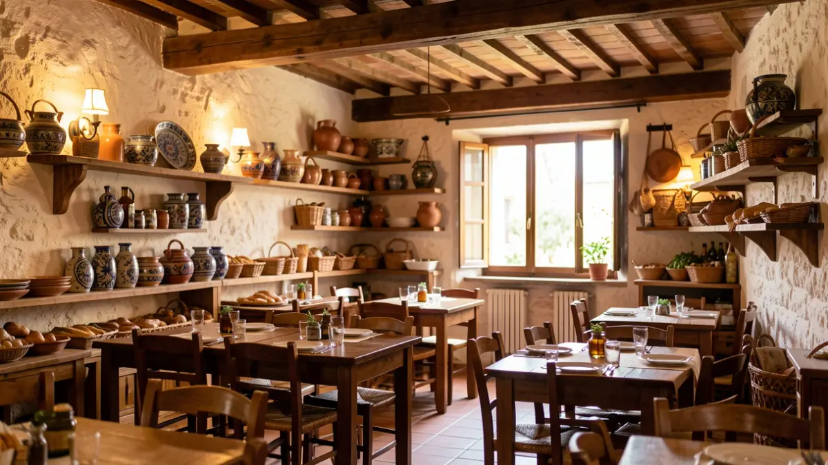 Rustic interior of the Raíces restaurant in Istán, featuring a warm ambiance and local product details.