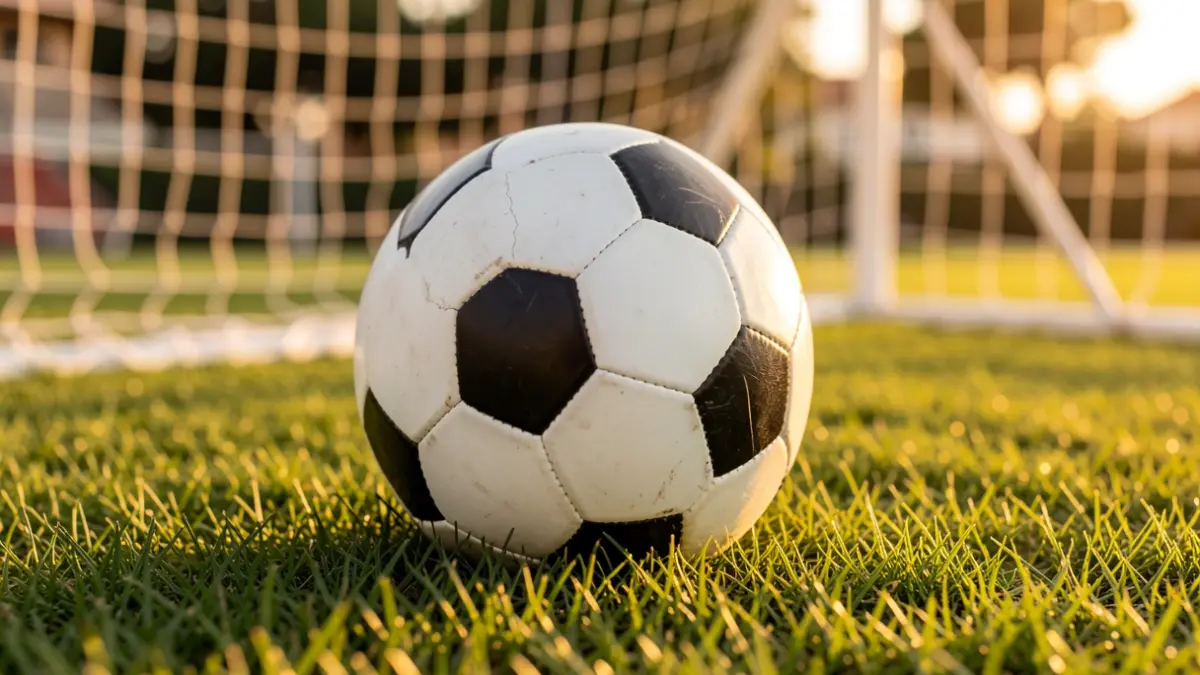 Imagen genérica de un balón de fútbol sobre césped con la portería desenfocada.