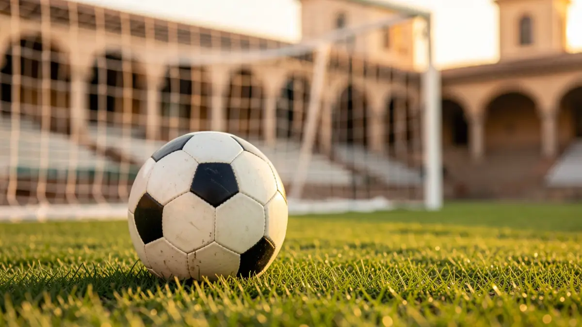 Generic image of a soccer ball on grass in a stadium.