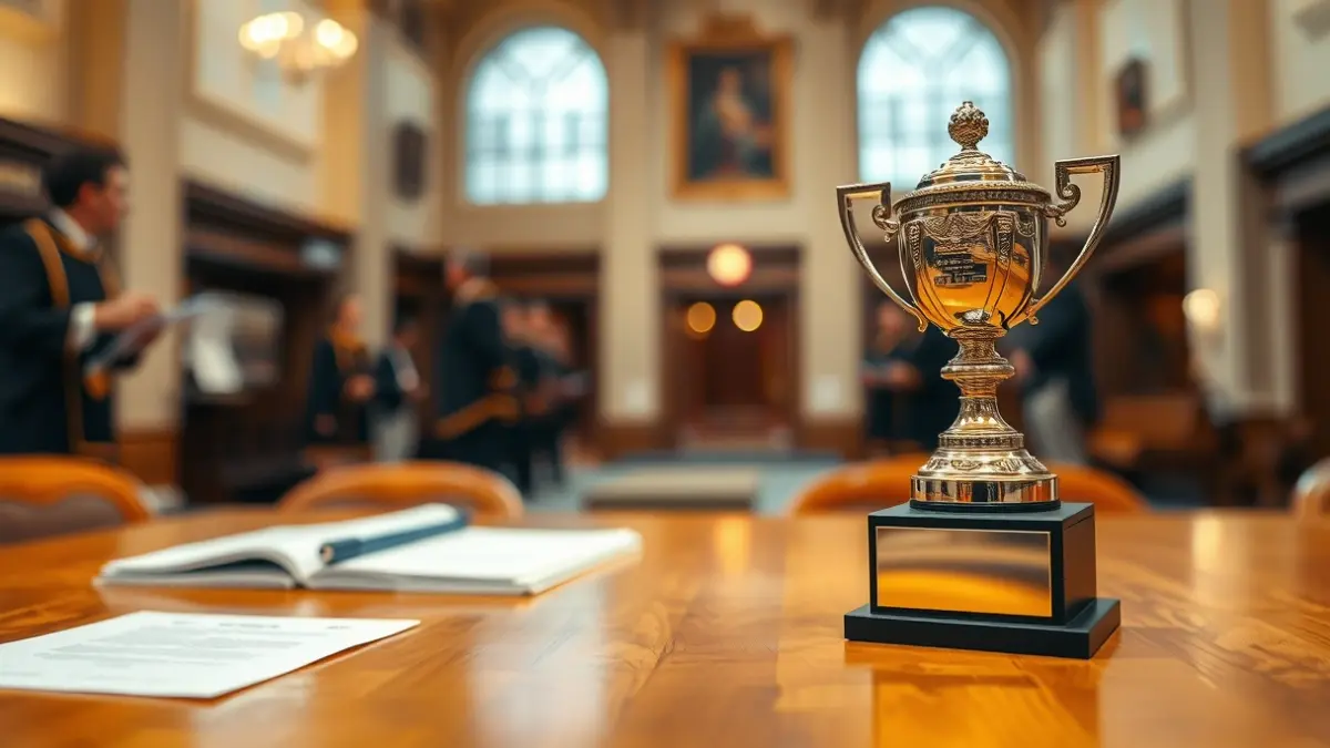 Generic image of an award or trophy on a wooden table.