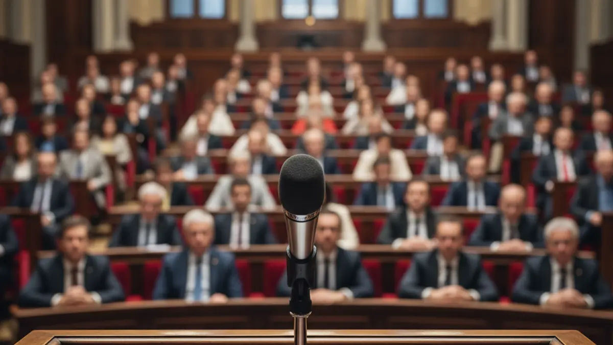 Generic image of a microphone on a podium in a debate hall.