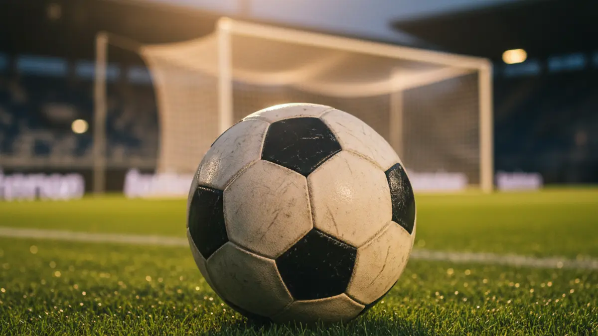 Generic image of a soccer ball on grass, with a blurred goal in the background.
