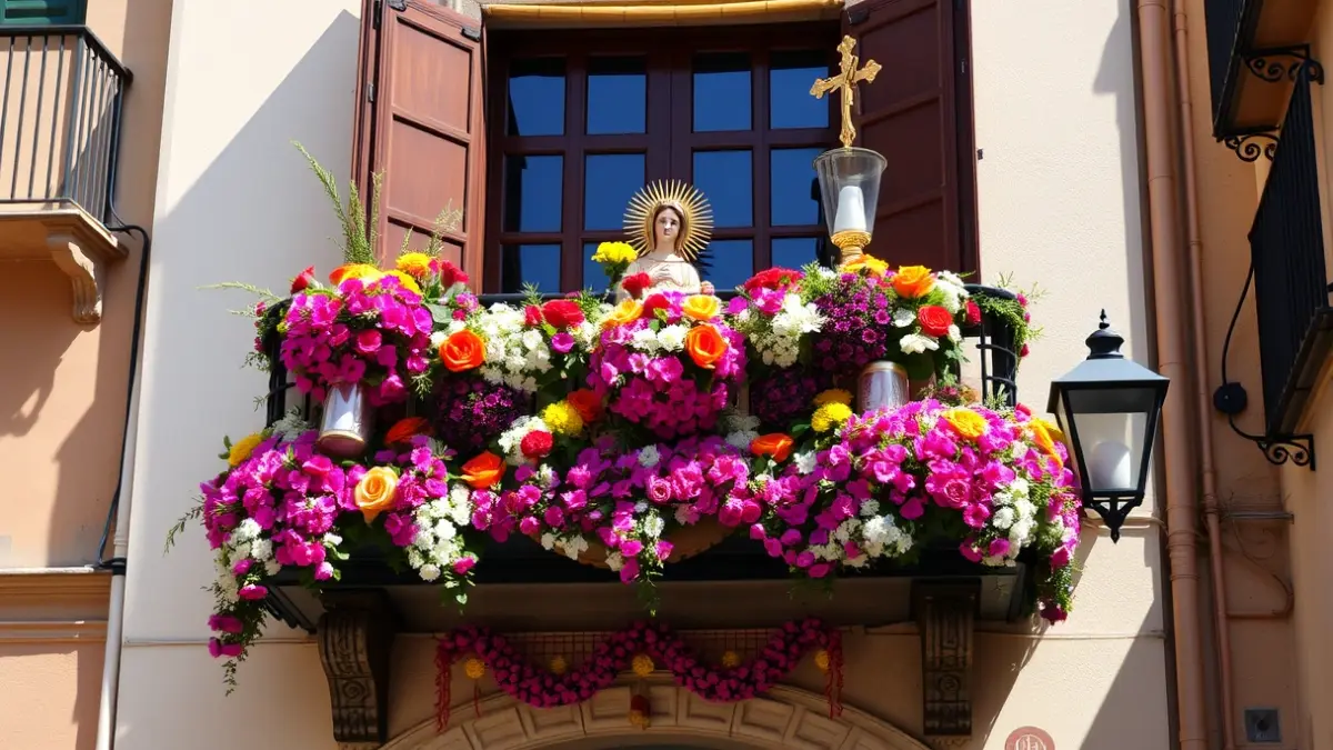Balcón decorado con flores y motivos religiosos para la celebración del Corpus Christi en Huelva.