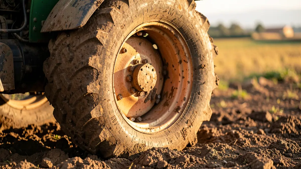 Primer plano de la rueda de un tractor en terreno embarrado, con fondo rural de Andalucía.