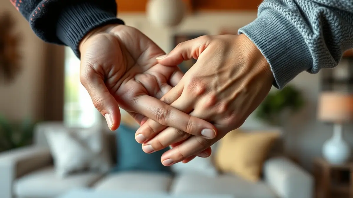 Generic image of intertwined hands, symbolizing support and care in a home setting.