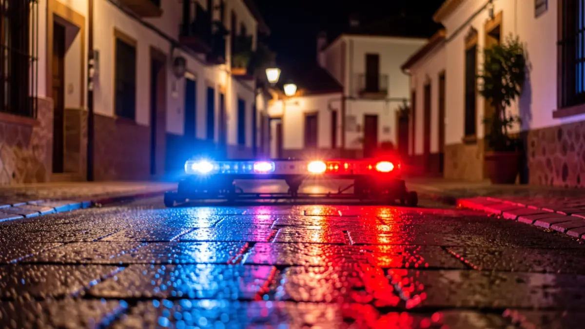 Imagen genérica de luces de emergencia policiales reflejándose en el asfalto mojado.