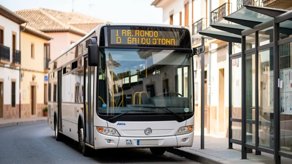 Imagen de un autobús público en una parada en Granada, con arquitectura andaluza al fondo.