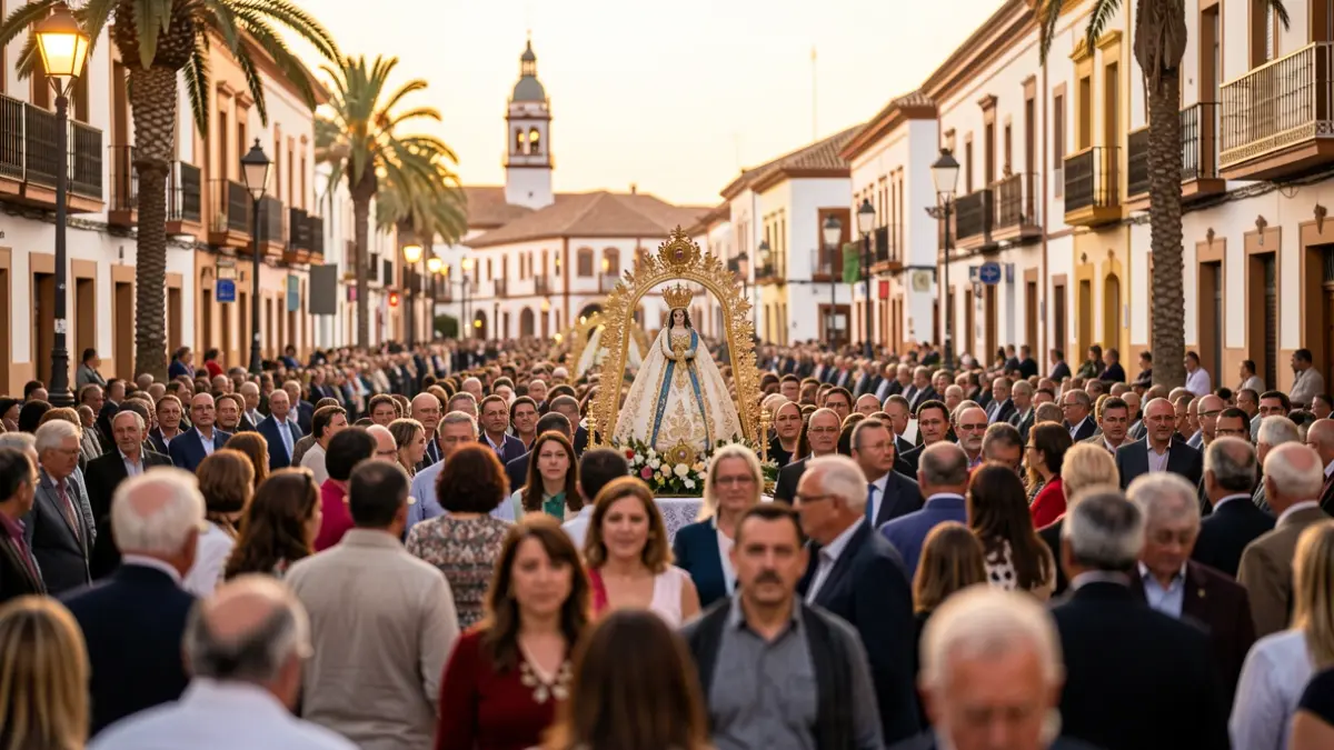 Generic image of a Rocío procession returning to Huelva with followers.