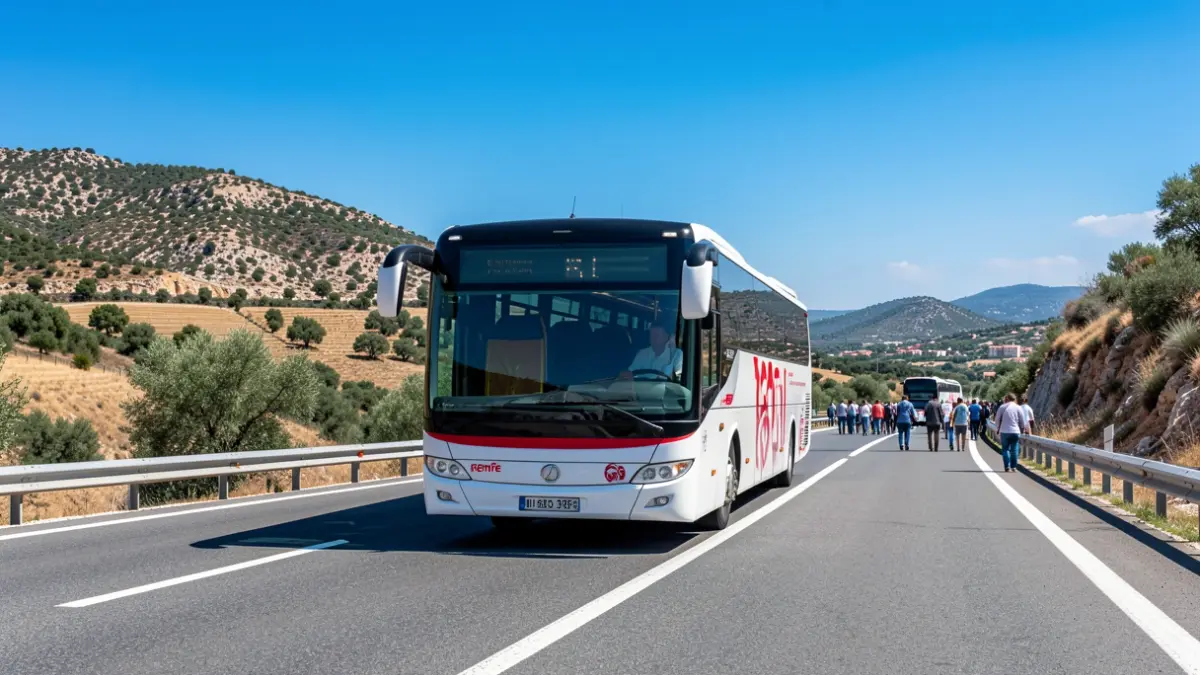 Renfe replacement bus driving on an Andalusian road.