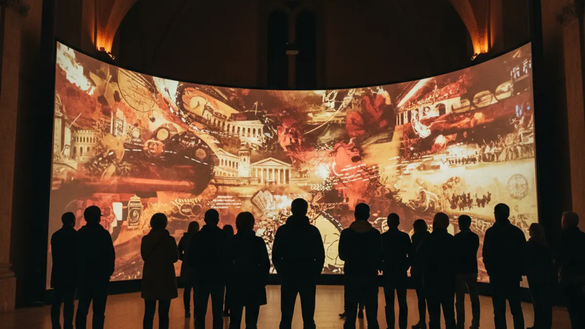 Image of an immersive experience in a dark room with audiovisual projections.