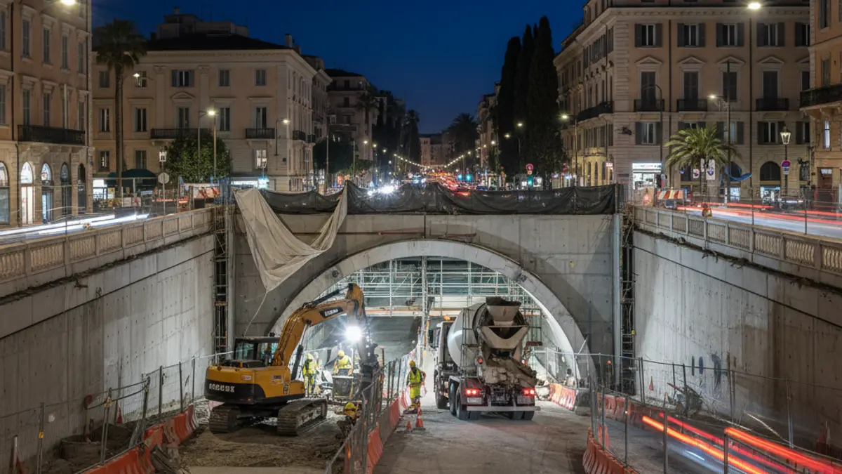 Image of an urban road under construction at night, with barriers and emergency lights.