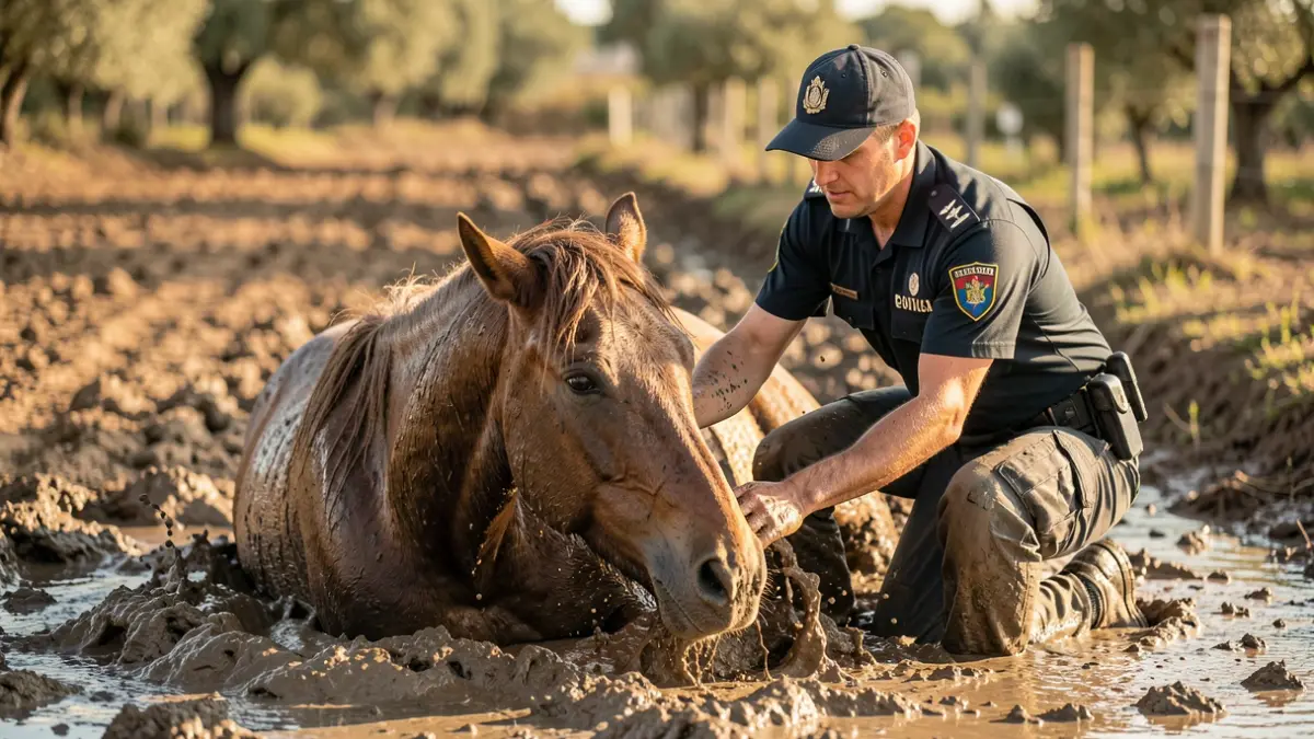 Imagen de un agente de la Guardia Civil rescatando a un caballo atrapado en el barro en El Rocío.