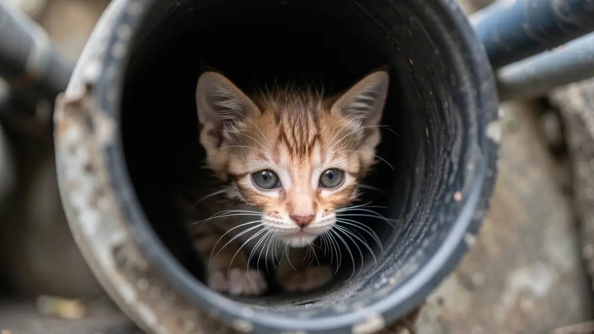 Primer plano de un gatito mojado asomando por la boca de una tubería de desagüe oscura.