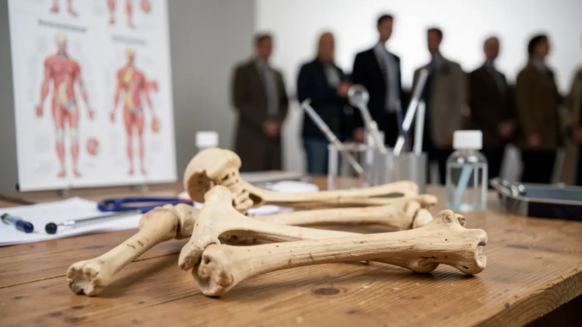 Image of human skeletal remains on a wooden table with medical equipment in the background.