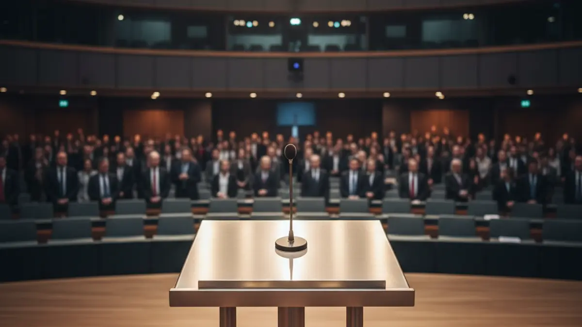 Generic image of a microphone on a podium, symbolizing a political debate.