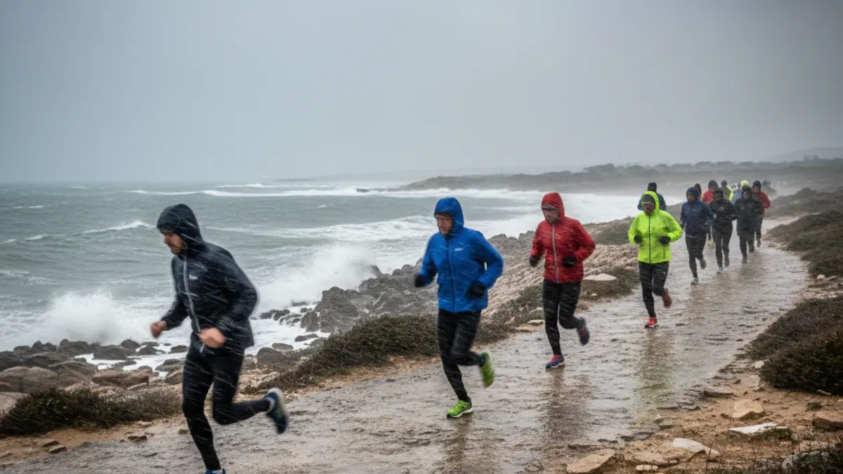 Image of a group of people running in the rain and wind during a charity event.