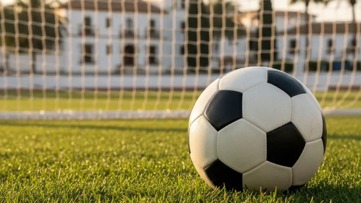 Generic image of a soccer ball on a field, with the goal in the background.