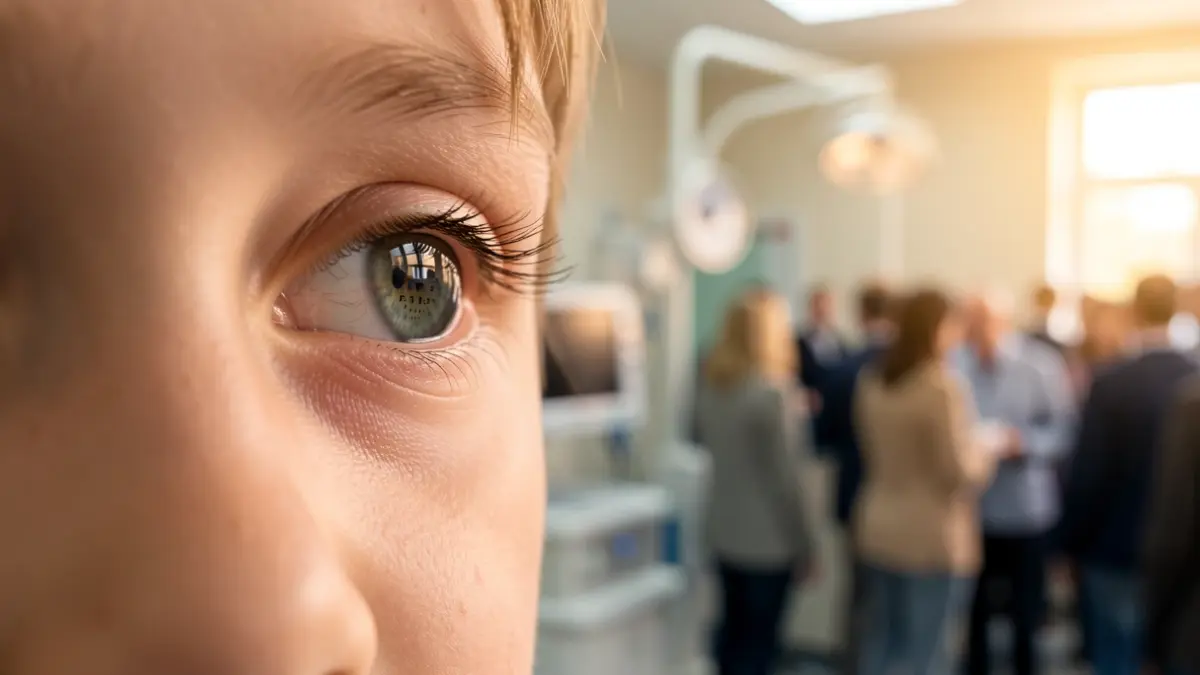 Imagen genérica de un ojo infantil con reflejo de tabla optométrica.