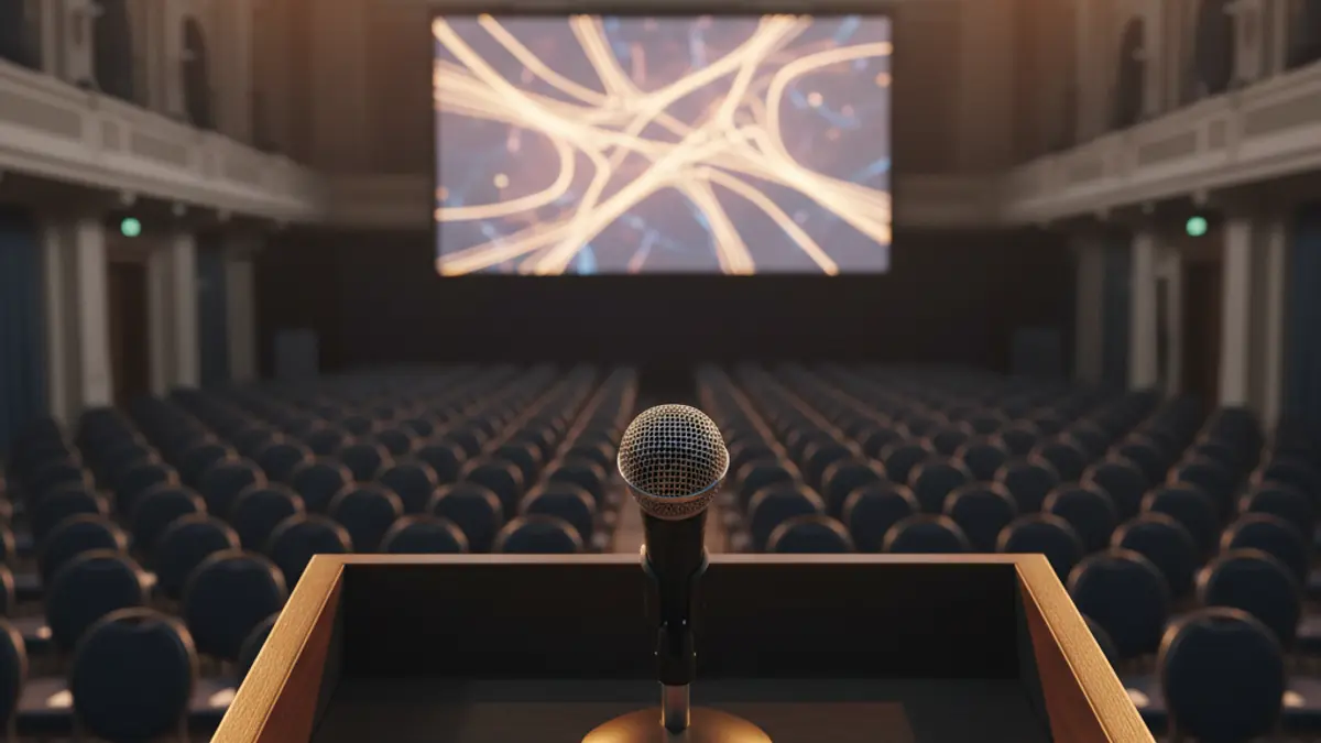 Generic image of a microphone on a podium in a convention center, symbolizing a cultural event or conference.