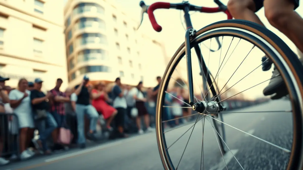 Imagen genérica de una rueda de bicicleta de carreras en un circuito urbano.