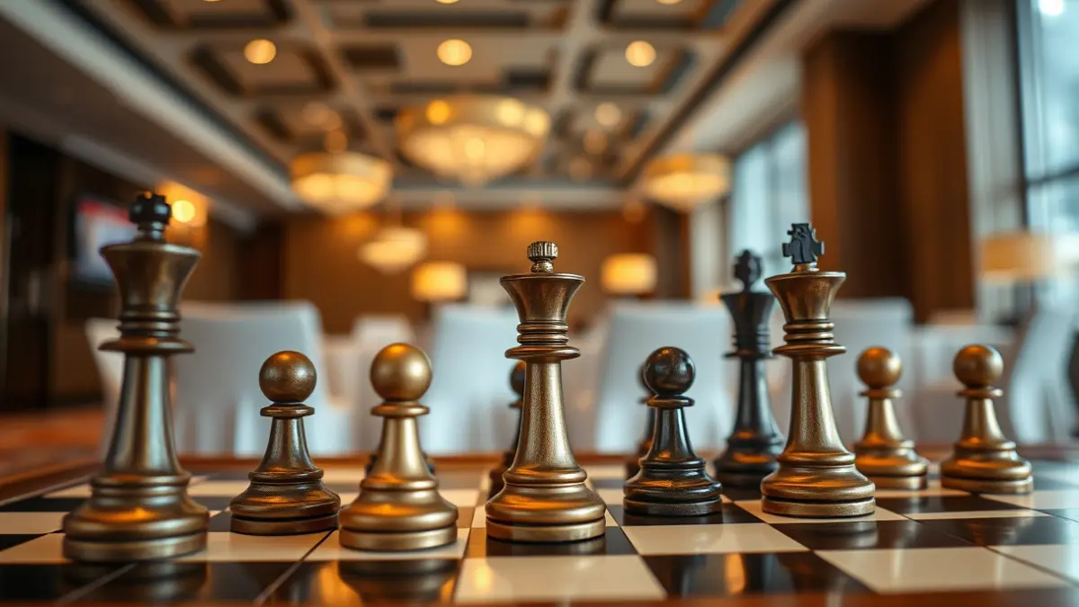 Generic image of a chessboard with pieces, with a blurred background of a conference room.