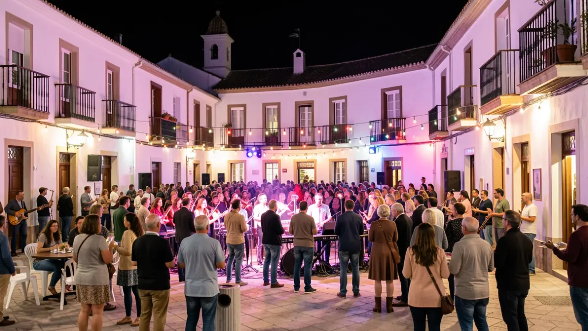 Imagen genérica de una plaza de pueblo andaluz por la noche, con gente disfrutando de espectáculos y luces.