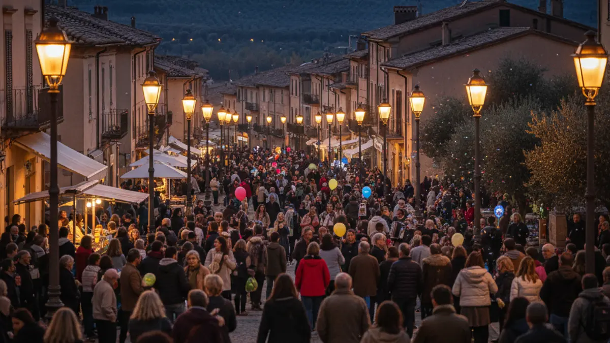 Generic image of a festive celebration on a Mediterranean street at dusk.