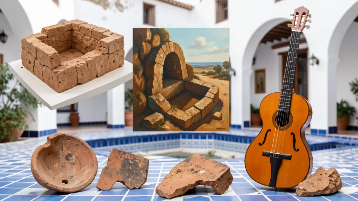 Collage of emblematic Almería museum objects: tomb model, hyperrealist painting detail, classical guitar, and ancient pottery, against an Andalusian patio background.
