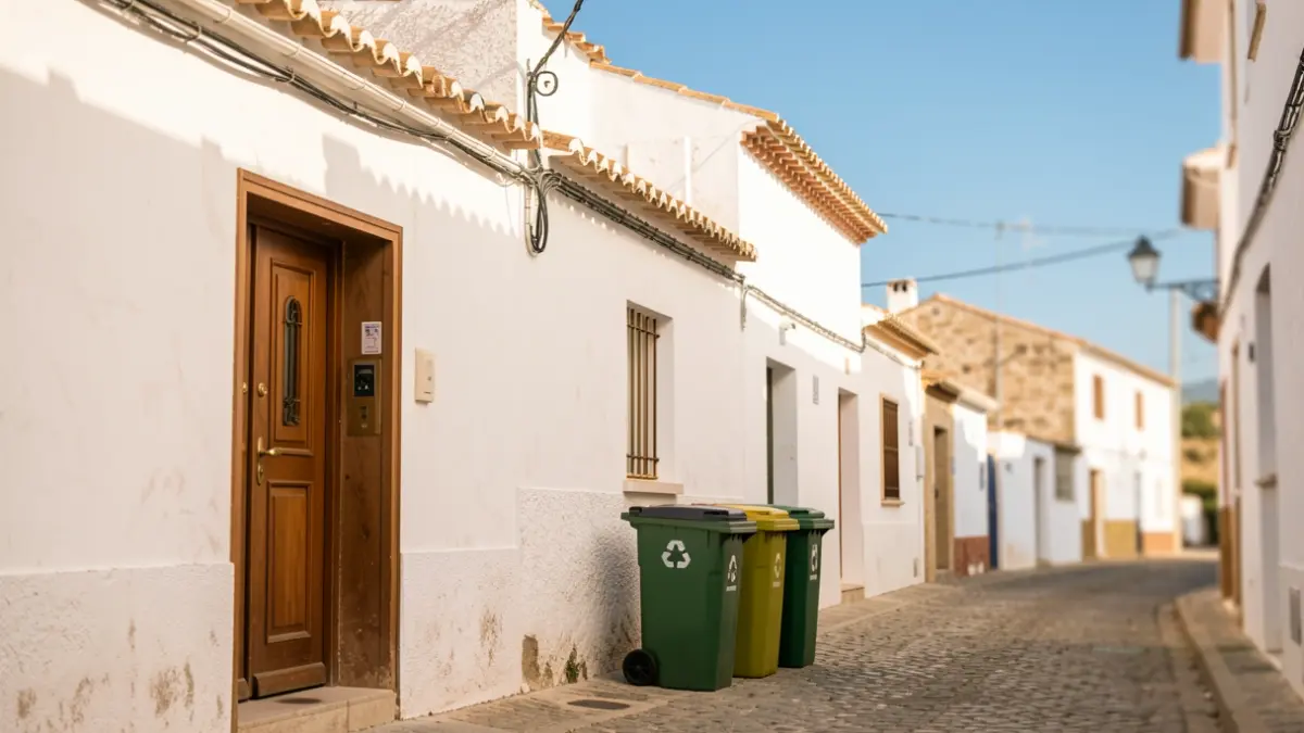 Imagen de una calle en Salobreña con edificios blancos y papeleras de reciclaje.