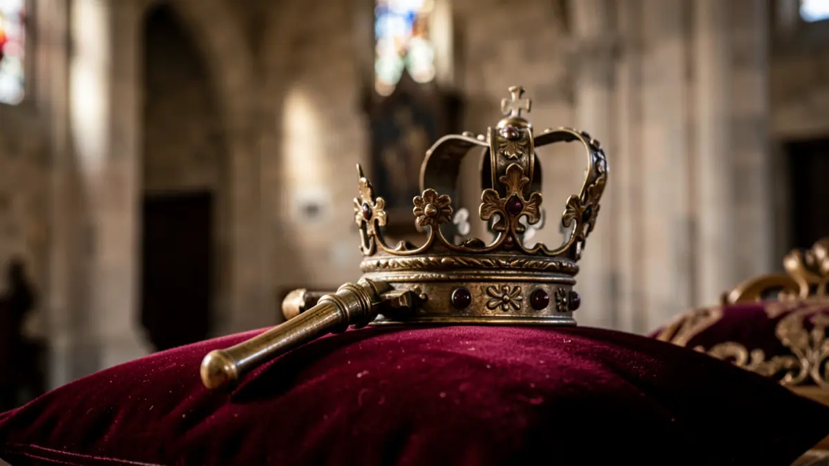 Primer plano de una corona o cetro histórico religioso sobre un cojín de terciopelo, con iluminación dramática.